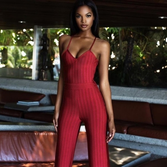 HOUSE OF CB Devi Jumpsuit Red Bandage Side Zip On Stretch V Neck Size S - Picture 9 of 11